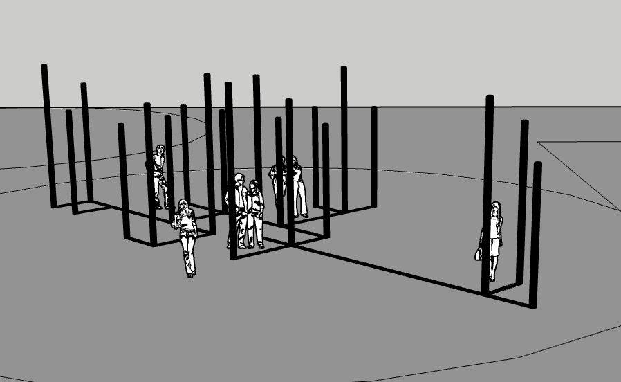 Lumino Walk – planning sketch of the irregular light column grid with visitors