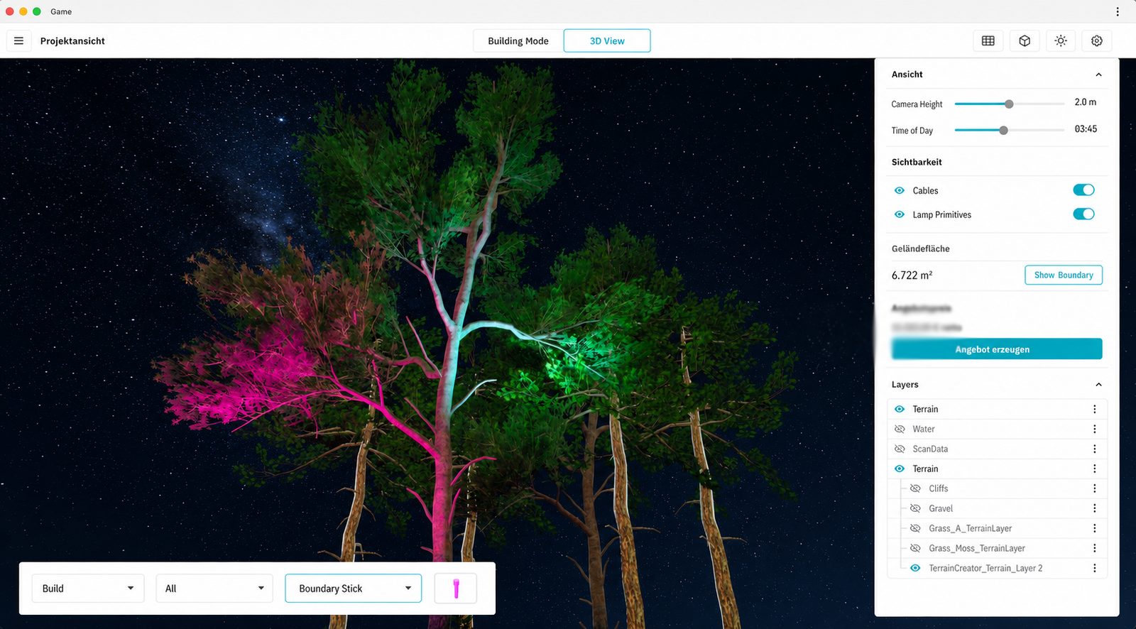 3D night visualisation: trees lit in magenta, cyan and green, with sliders for time of day and camera height