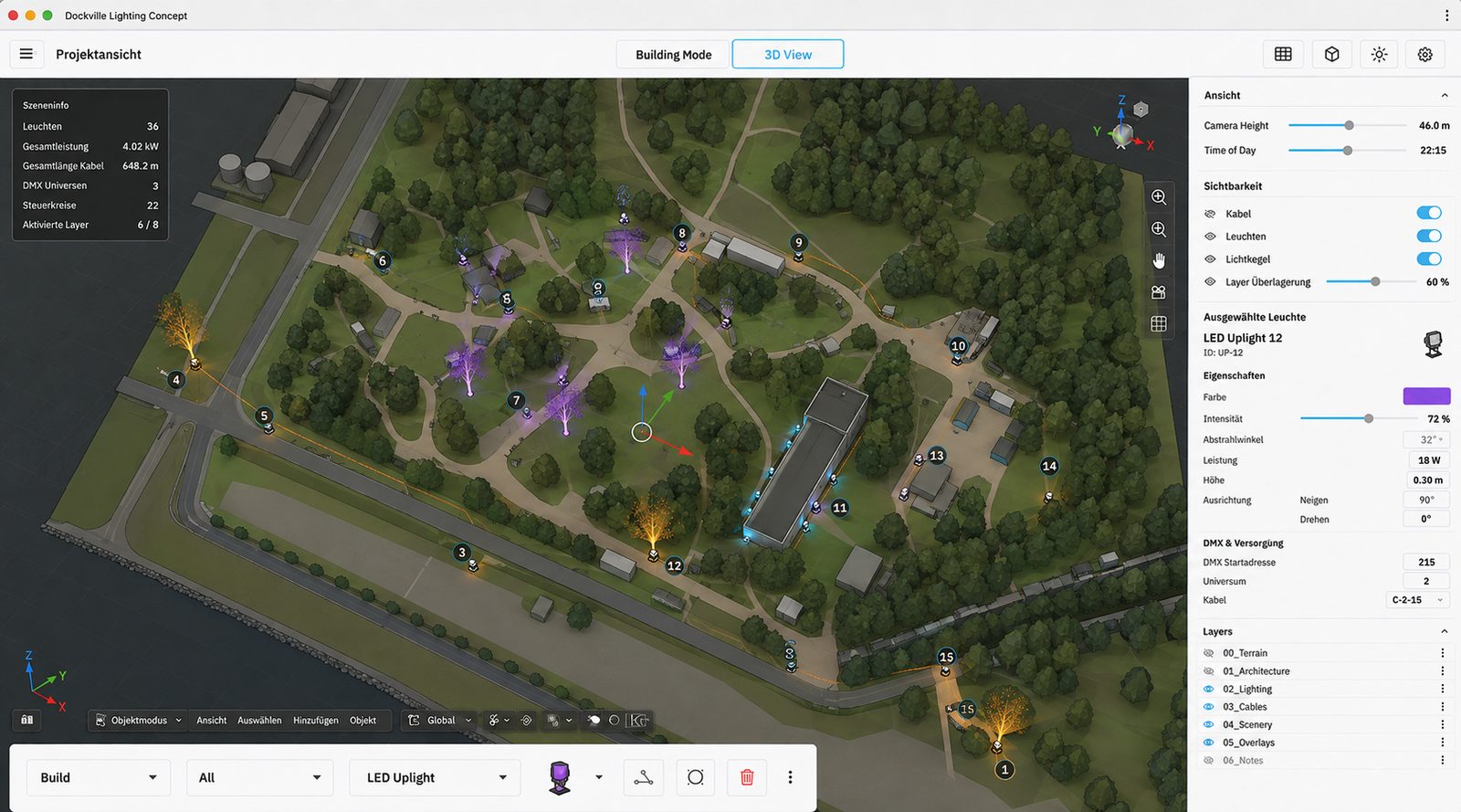 3D lighting concept of the MS Dockville festival site with positioned fixtures and cable runs