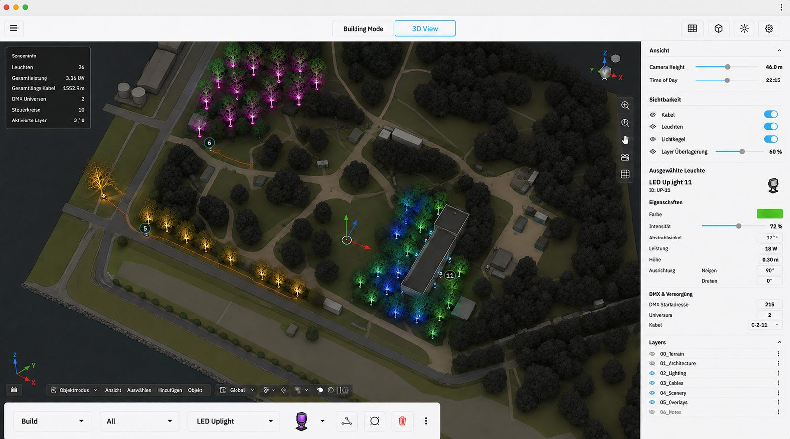 Planning view of a permanent installation with coloured LED uplights and DMX settings