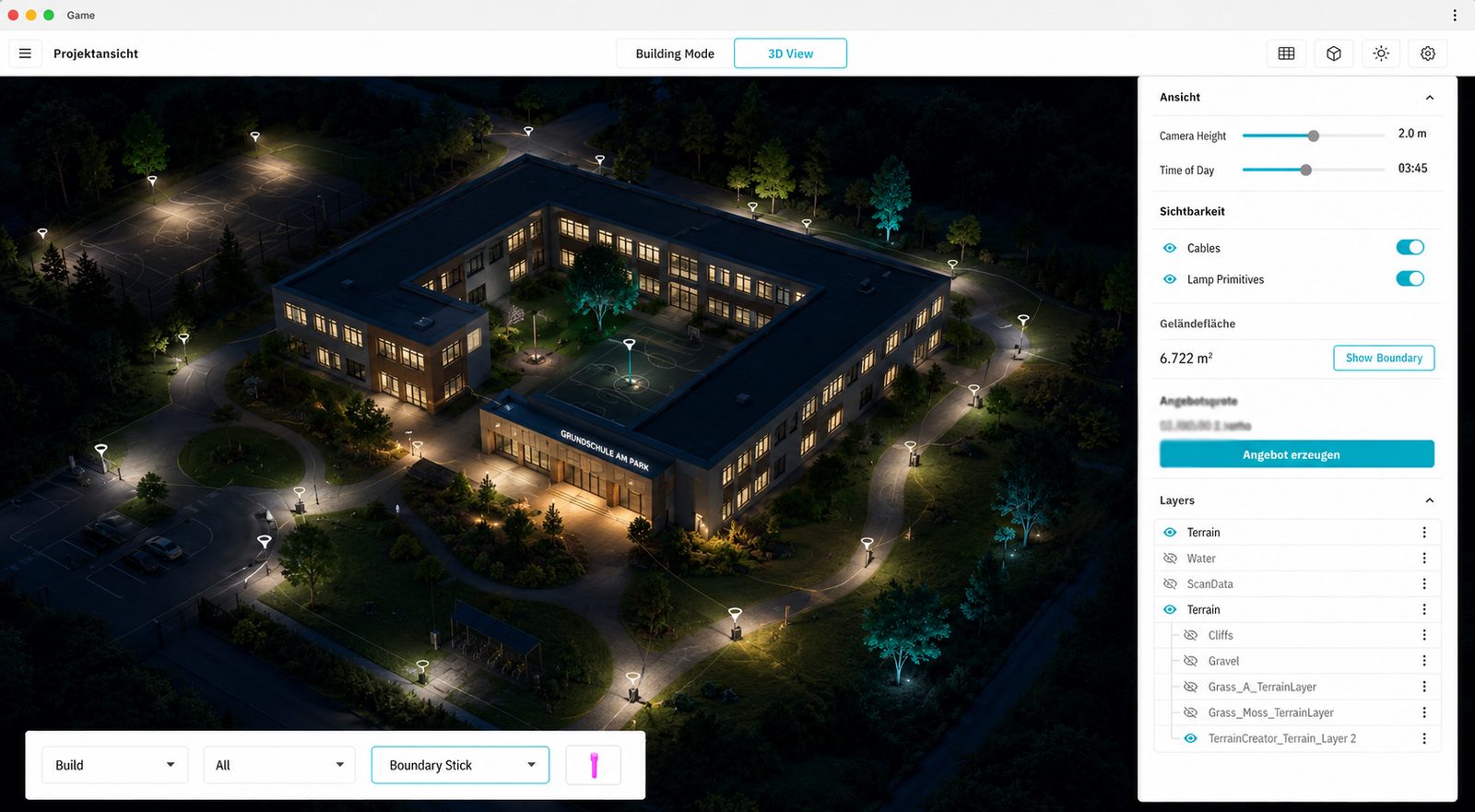 3D night visualisation of the lighting concept for a primary school with pathways, car park and sports areas