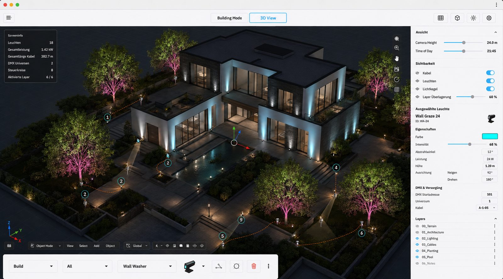 3D lighting design of a villa with wall washers, pool lighting and tree accents